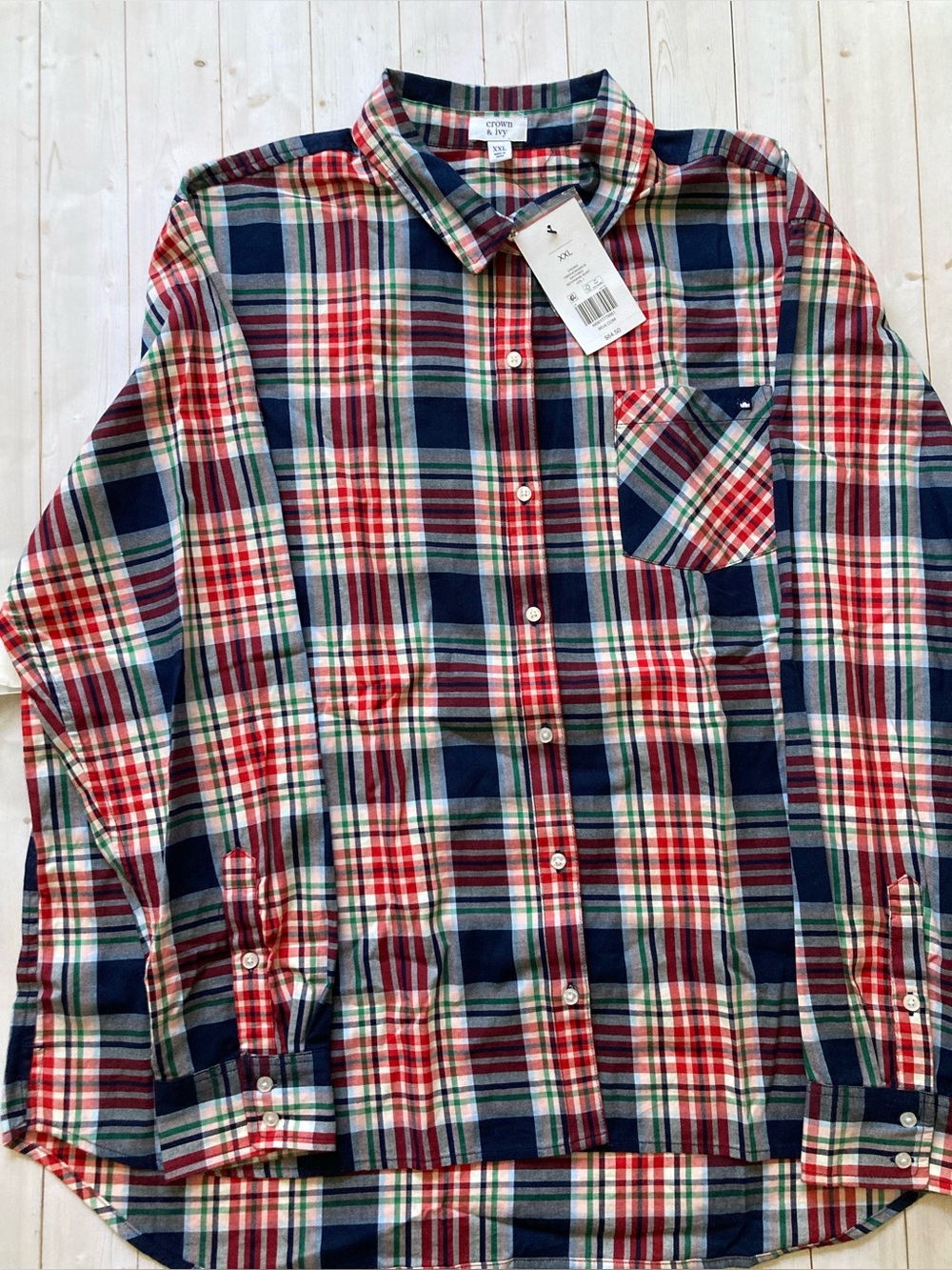 Crown & Ivy Women’s XXL Boyfriend Shirt Navy Red Plaid Button Down NWT